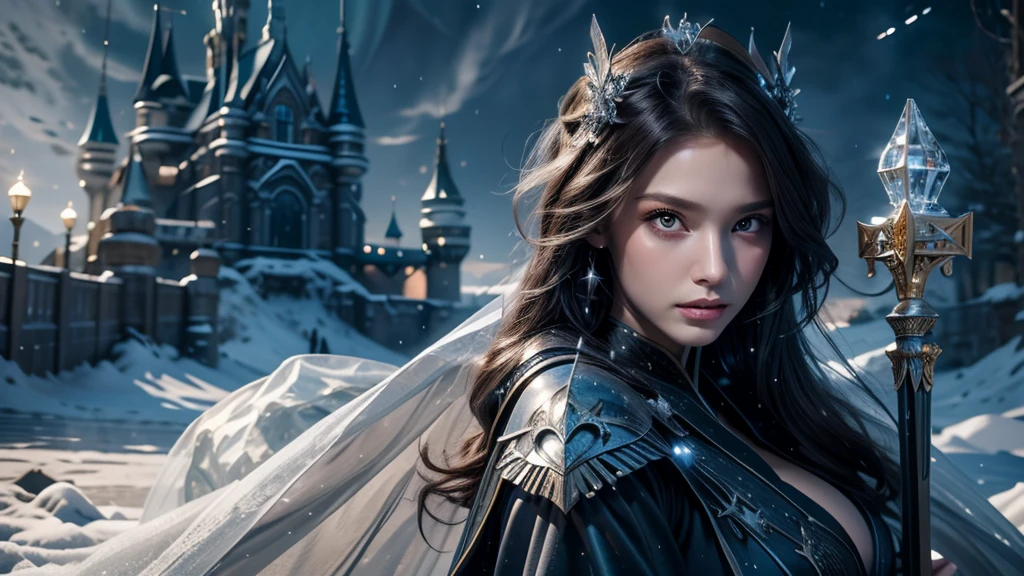 masterpiece, rest, best quality, Very detailed, Super real, 16K, high resolution, castle，snow, ((Starry Sky)),Female Mage，Gorgeous robe，Complex Mode，Pretty Face，Closed mouth，dramatic，Half-length photo，Glowing scepter，Black Wings，Large Breasts