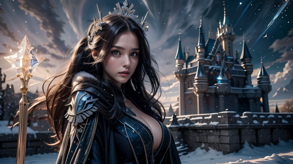 masterpiece, rest, best quality, Very detailed, Super real, 16K, high resolution, castle，snow, ((Starry Sky)),Female Mage，Gorgeous robe，Complex Mode，Pretty Face，Closed mouth，dramatic，Half-length photo，Glowing scepter，Black Wings，Large Breasts