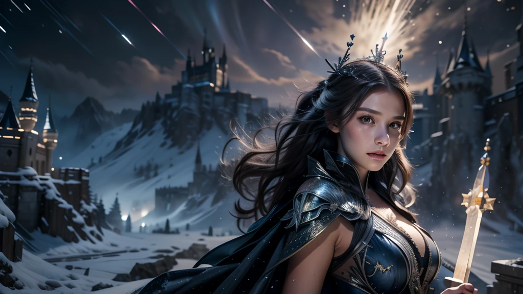 masterpiece, rest, best quality, Very detailed, Super real, 16K, high resolution, castle，snow, ((Starry Sky)),Female Mage，Gorgeous robe，Complex Mode，Pretty Face，Closed mouth，dramatic，Half-length photo，Glowing scepter，Black Wings，Large Breasts