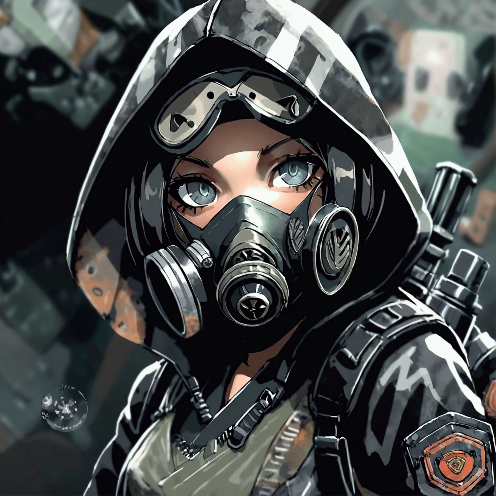 ((mejor calidad)), ((obra maestra)), (detallado), 1 chica, Female, black hood, gas mask, black jacket, bulletproof vest and green vest. Black tactical backpack. Post apocalyptic style, cold eyes, cold gaze, narrow eyes, very narrow eyes, annoyed expression. cold stare