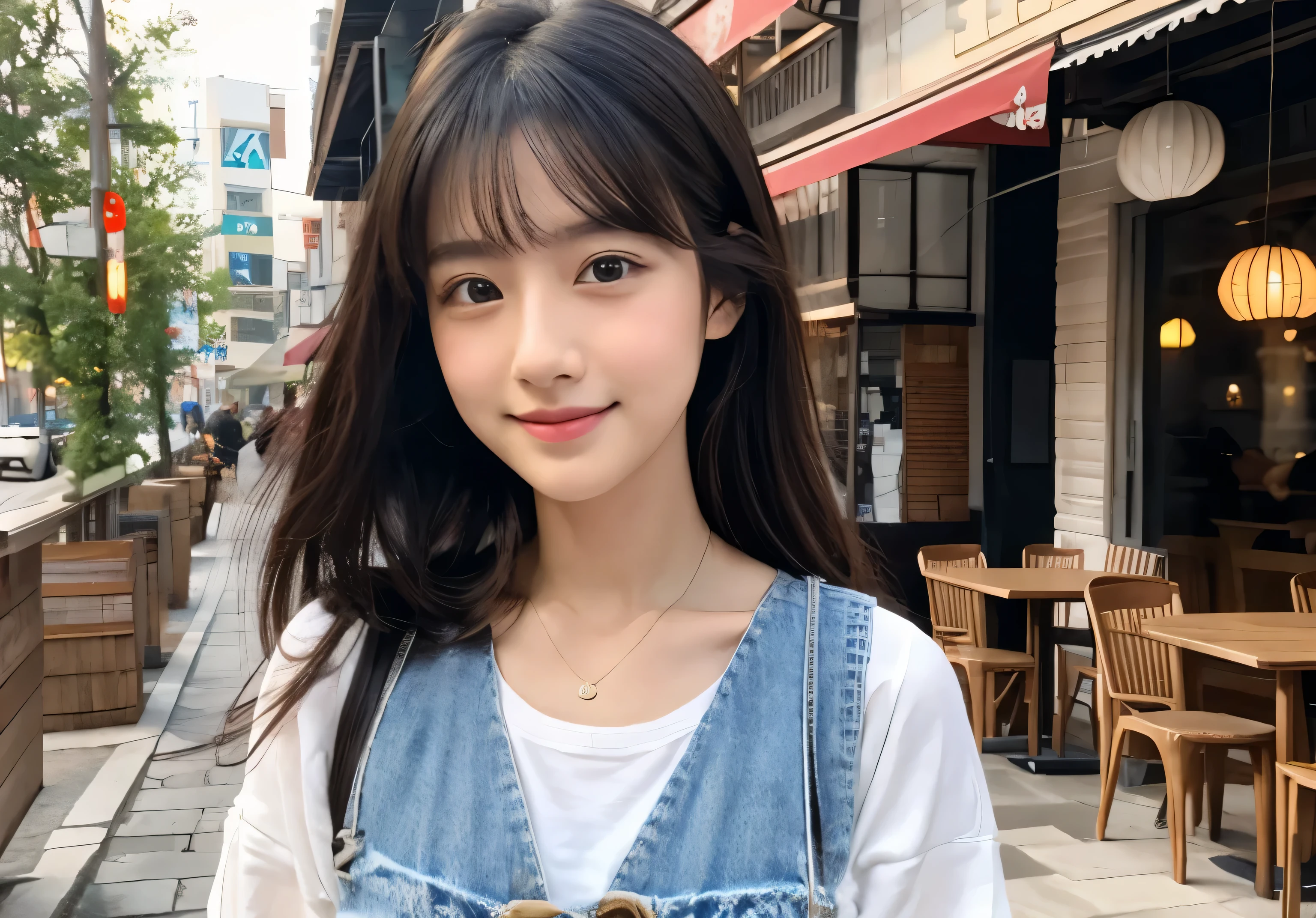 ((Highest quality)), ((masterpiece)), (detailed),Perfect Face,Japanese,Beauty,cute,Upper Body、29-year-old、Black Hair、Long Hair、Cafe Terrace、Cool clothes、LOL