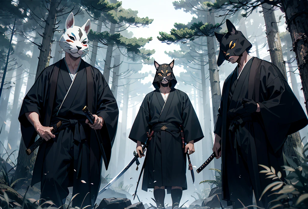 group of man in dark forest in black with a katana and a Japanese animal mask