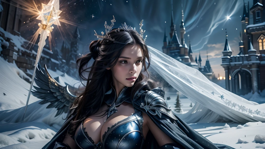 masterpiece, rest, best quality, Very detailed, Super real, 16K, high resolution, castle,snow, ((Starry Sky)),Female Mage,Gorgeous robe,Complex Mode,Pretty Face,Closed mouth,dramatic,Half-length photo,Glowing scepter,Black Wings,Large Breasts