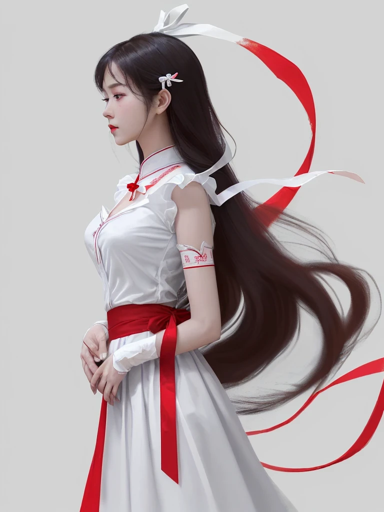 there is a woman in a white shirt with a Red ribbon on her chest, Nivanh Chanthara, white ribbon, profile photo 1024px, only with red, Thawan Duchanee, Red ribbon, wonderful masterpiece, jia, 18 years, White Red, peaceful, July Ban, sakimi-chan, wearing director&#39;s uniform