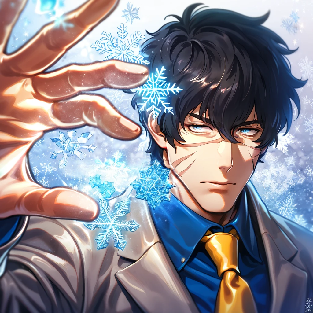 absurdres, highres, ultra detailed, HDR, master piece, Steven A. Starphase, black hair, expressive gray eyes, gray jacket, blue shirt, yellow necktie, scar on his right cheek, Kekkai Sensen, man, handsome, best quality, blue ice moon, ice flowers, fantasy, magical, solo, ice, blue shining fireflies, blue petals, sensual, snowflakes, winter