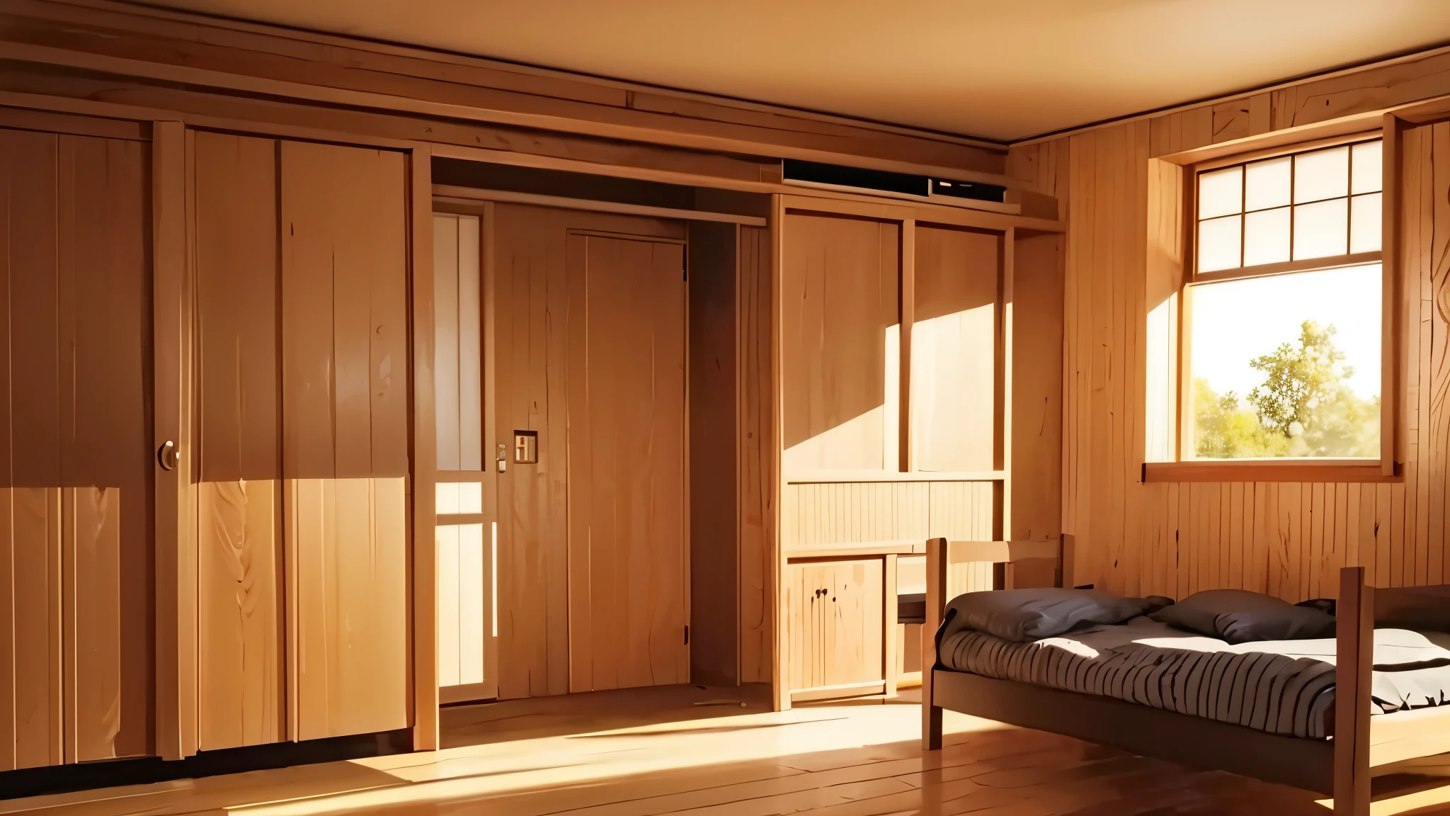 Design a cabin-style wooden room in anime style. The wall must be smooth,, with a clean and modern finish typical of anime art."