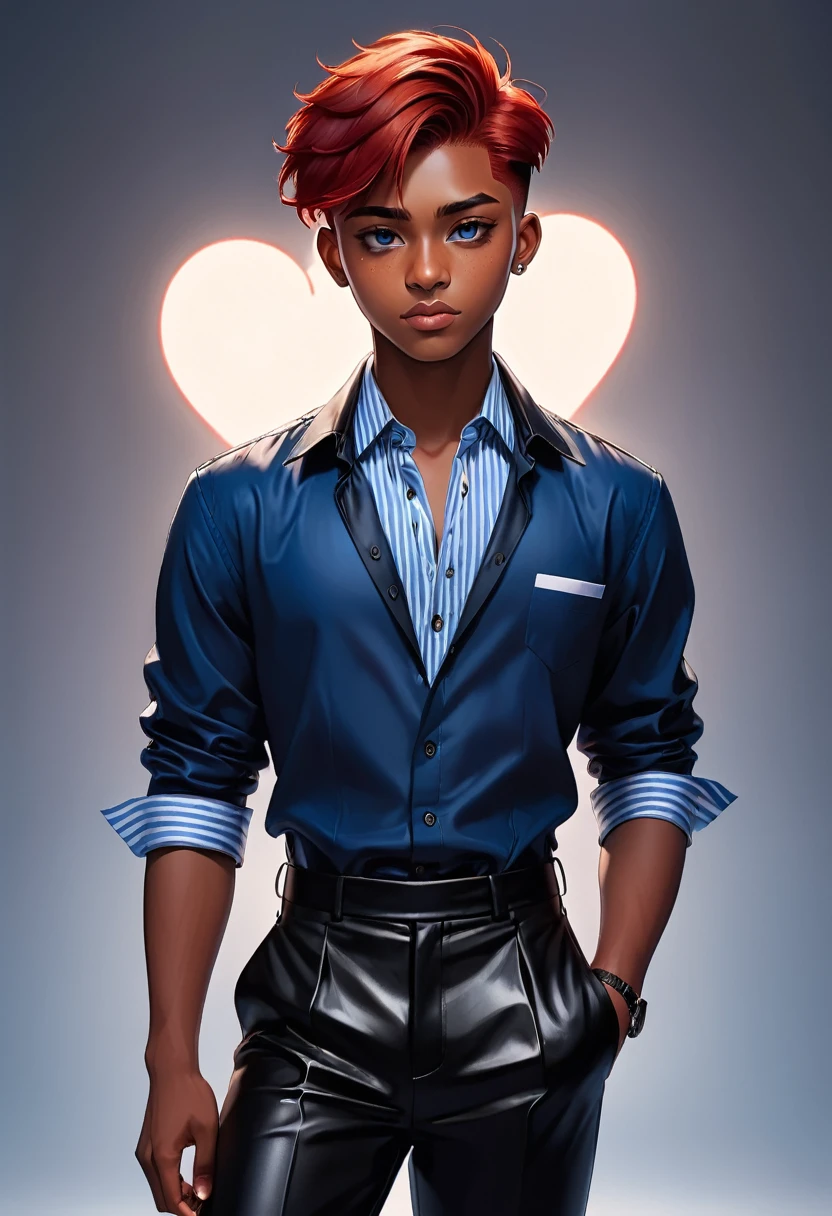 ((Artwork, 8K, soft lighting)), 1 boy, 19 years old, alone, handsome, brown skin, red hair undercut style, right eye color black, left eye pupil heart shaped blue, wearing blue dress shirt with white stripes, black leather pants, black dress shoes.