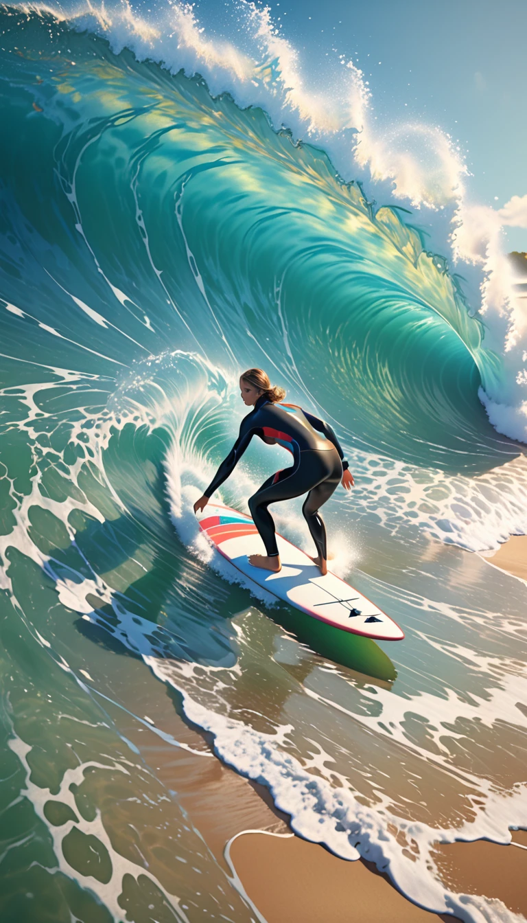 Surfer wearing surfboard.Wear professional equipment.When the wave forms,Quickly stand up and balance on a surfboard.,Flexible control of the direction and speed of the surfboard.Beautiful and textured foreground and background，detailed, bright, Animation style HD high quality presentation((A masterpiece in 16K resolution):1.6),((Soft_color_photography:)1.5), ((Super detailed):1.4),((Typical static images and dynamic angles):1.3), ( Perfect anatomical structure )Complex Mode, Soft shadows, highly detailed structures, The art of math, High Detail,