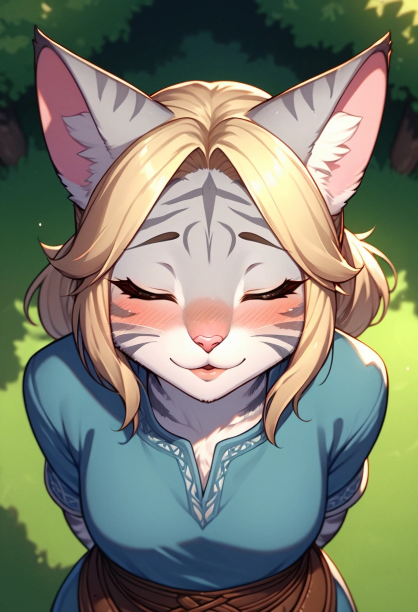 score_9,score_8_up,score_7_up, score_6_up, score_5_up,source_anime, kemono style, Kat, Anthro furry feline, silver fur, grey stripes on body, blonde hair, pink nose, :3, 1girl,solo, incom, imminent kiss, closed eyes, facing viewer, parted lips,from above, cowboy shot, blushing, head tilted up, about to kiss viewer, she is wearing a blue tunic, leather belts, hands behind her back, head facing viewer, head up, outdoors, close up, portrait, kissing face, kiss focus,