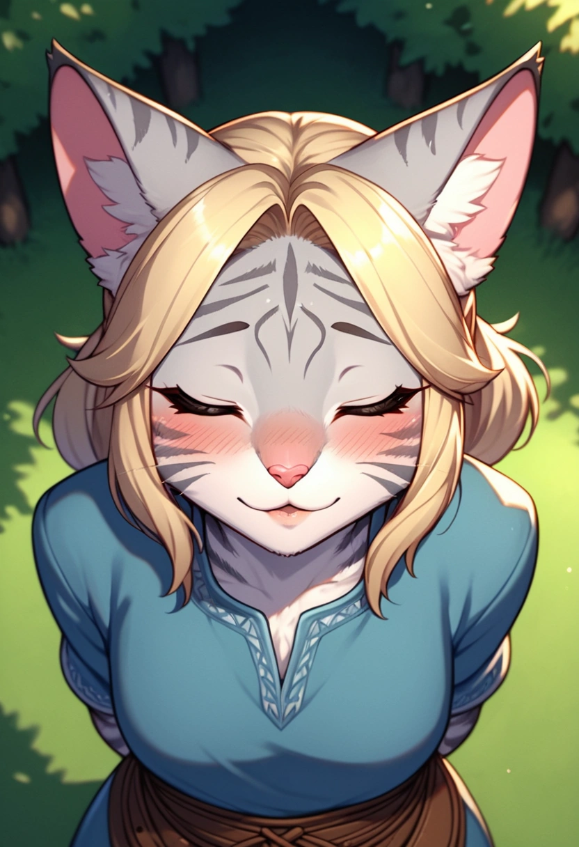score_9,score_8_up,score_7_up, score_6_up, score_5_up,source_anime, kemono style, Kat,  Anthro furry feline, silver fur, grey stripes on body, blonde hair, pink nose, :3,  1girl,solo,  incom, imminent kiss, closed eyes, facing viewer, parted lips,from above, cowboy shot, blushing, head tilted up, about to kiss viewer, she is wearing a blue tunic, leather belts, hands behind her back, head facing viewer, head up, outdoors, close up, portrait, kissing face, kiss focus, 