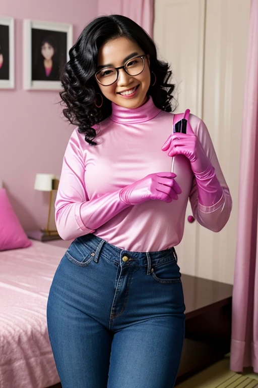 A Japanese woman with curly black hair and glasses, wearing a black long-sleeved high-neck shirt and blue jeans, smiling while wearing long pink rubber gloves in her room