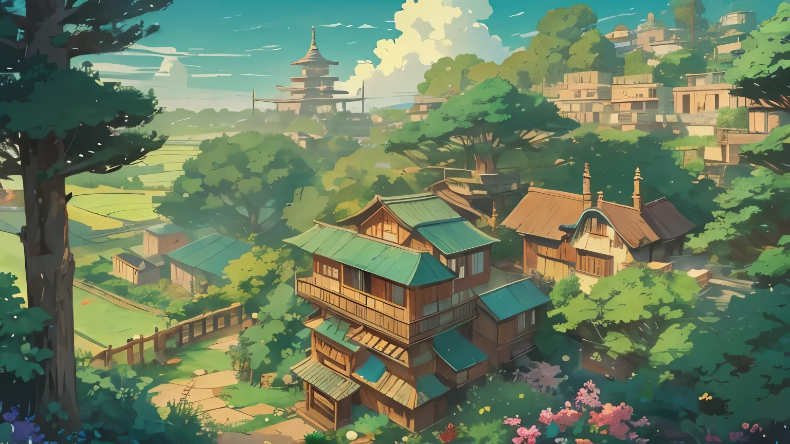 Studio Ghibli, LOFI music cover landscape, Panoramic view from above, Capturing the vastness of nature. Soft lighting creates a warm atmosphere.