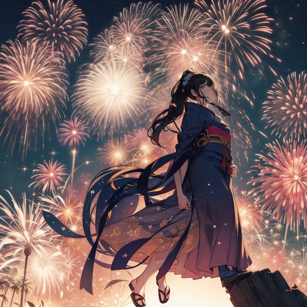 Little:1.8,kimono,Girl in yukata,Blowing in the wind,Summer festival,night,Opening a store,Spirit Stream,Large fireworks:1.7,night空に打ち上がる花火:1.8,ponytail,action:1.6,Dynamic pose,Dynamic Angle,shot from the ground,Low - Angle,Full Body Shot,Long Shot,(Tabletop: 1.3), (Exquisite detail: 1.2), Delicate and beautiful details, (Eye details), (Facial details), (Highest quality) :1.4), (Super Resolution: 1.2), (Highly detailed illustration),Highest quality,Depth of written boundary, Wide Light, Natural Shadows