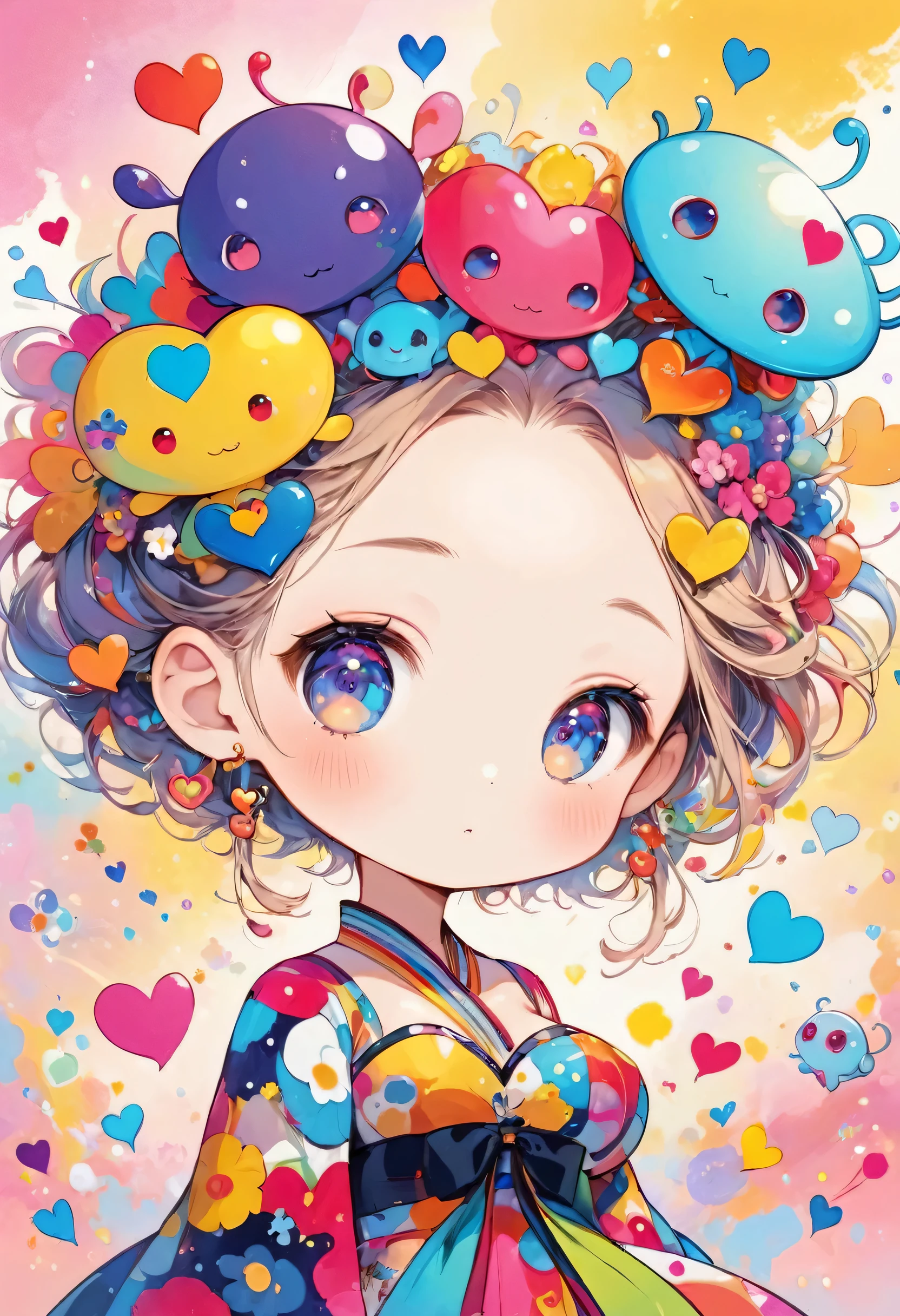 Takashi Murakami colorfull style, Simple Line Initialism,Abstract art,(((The most beautiful girl of all time))), (((chibi))), Sweet face. colorful hearts, funny design, (((bosom buddy ))), (((Cute Aliens))), The background is space