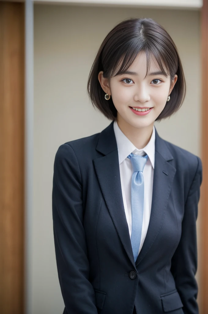 8K RAW Photos, High resolution, A cool 21 year old Korean, Big round breasts, , tie, tie ribbon, blazer, skirt, Beautiful eyes in every detail, Long eyelashes, Beautiful double eyelids, eye shadow, Long, narrow eyes, Three white eyes, Heavy eye makeup, Wicked Smile, Beautiful slim legs, Short hair tied back, Earrings, School classroom