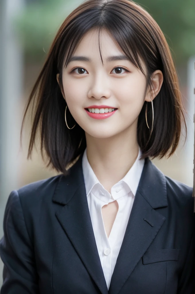 8K RAW Photos, High resolution, A cool 21 year old Korean, Big round breasts, , tie, tie ribbon, blazer, skirt, Beautiful eyes in every detail, Long eyelashes, Beautiful double eyelids, eye shadow, Long, narrow eyes, Three white eyes, Heavy eye makeup, Wicked Smile, Beautiful slim legs, Short hair tied back, Earrings, School classroom