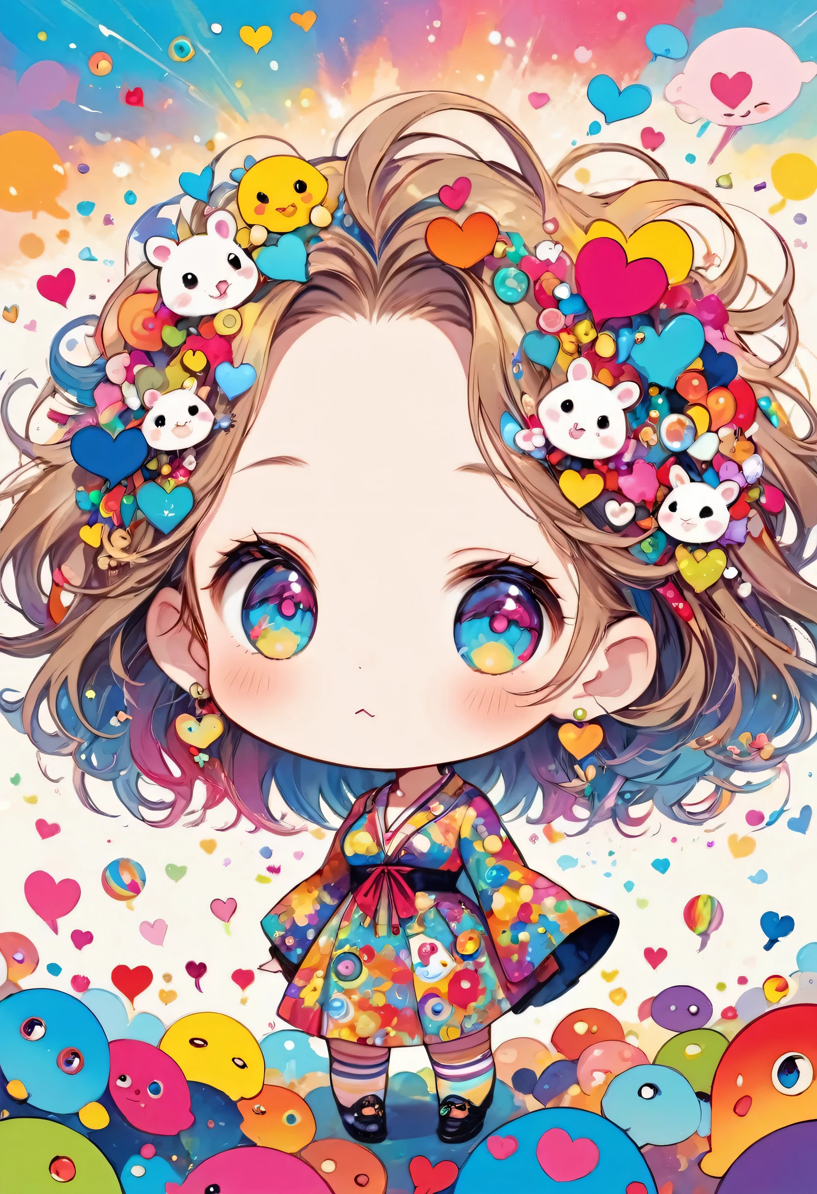 Takashi Murakami colorfull style, Simple Line Initialism,Abstract art,(((The most beautiful girl of all time))), (((chibi))), Sweet face. colorful hearts, funny design, (((bosom buddy ))), (((Cute Aliens))), The background is space