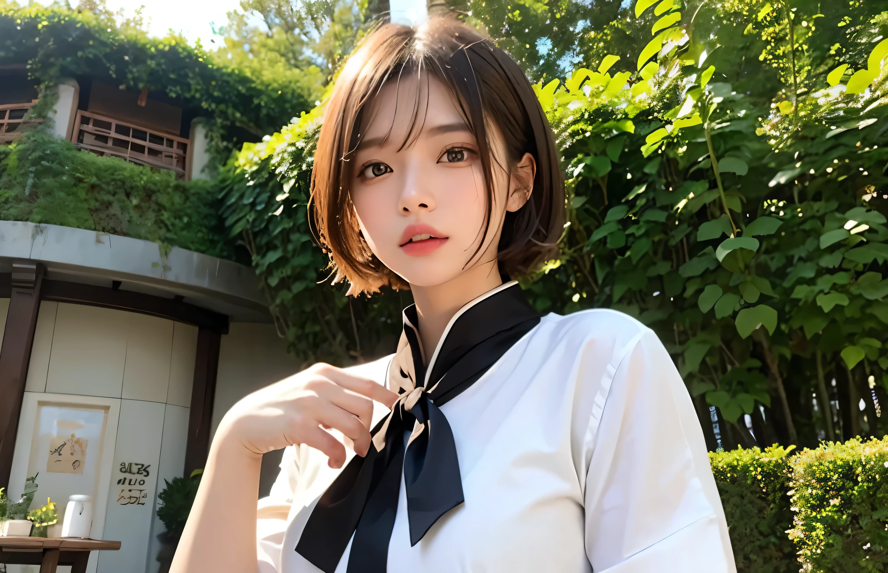 1 Taiwan model, Hair Model, Unique hair details, ワンピース, double eyelid, Very short hair、Blonde-like brown hair、View from below、Tear bags are large、Mole under right eye、fjat chest、Embarrassed look、26 years old、Taiwanese women、twilight、garden