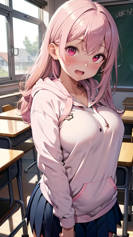 mastute piece,Best Quality,insanely detailed,8k cg,nsfw,
(shoot upper body:1.3),
(1girls:1.3),standing,looking at viewr,body in front,(arms behind back:1.4),(school uniform:1.2,hoodie:1.3),break,
blush,shy,(ecstasy face),(trembling:1.2),break,(light pink hair:1.3),
break,
perfect breasts,perfect teats,(open mouth:0.9),(large breasts:1.2),
(classroom),