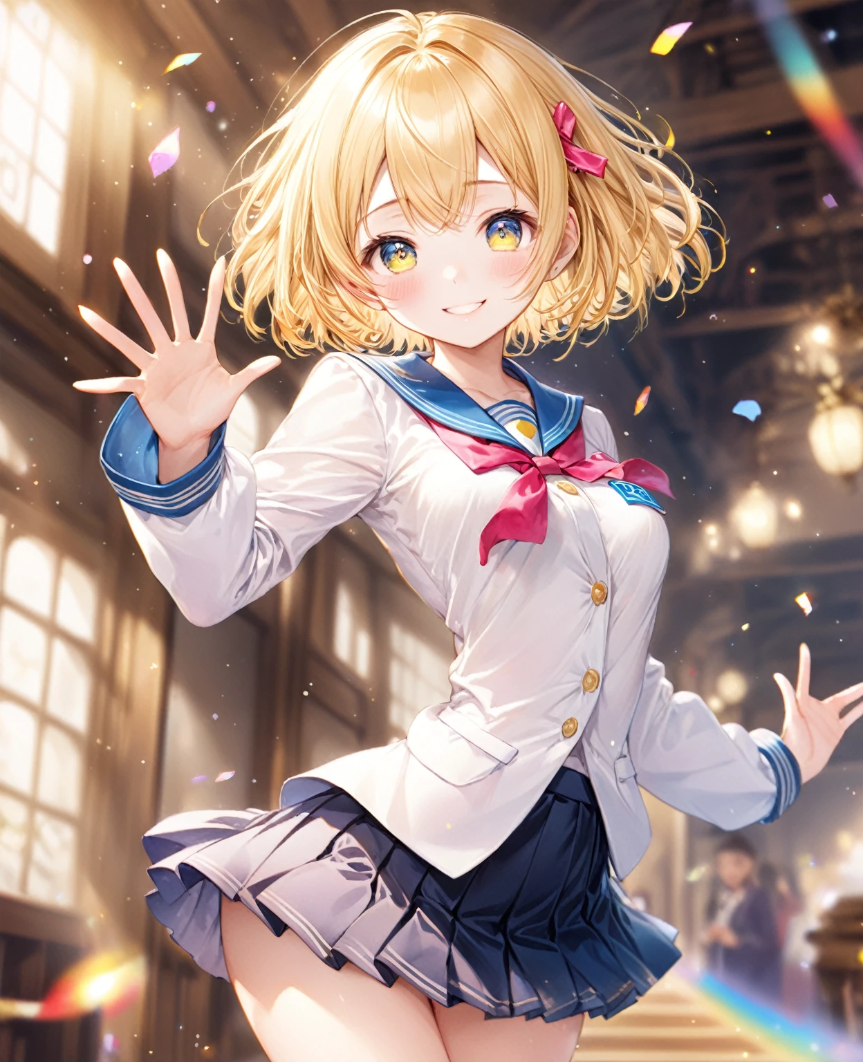(Highest quality, 8k, 32K, masterpiece, Ultra-high resolution,:1.2),born, One girl,Super cute , Fantasy Background, Clear, shining eyes, 20-year-old ,Fair skin, Girl with golden hair, short hair, keep your spirits up, expensive, uniform, mini skirt,D cup breasts,学born服,An innocent smile,Nyan Nyan Pose,