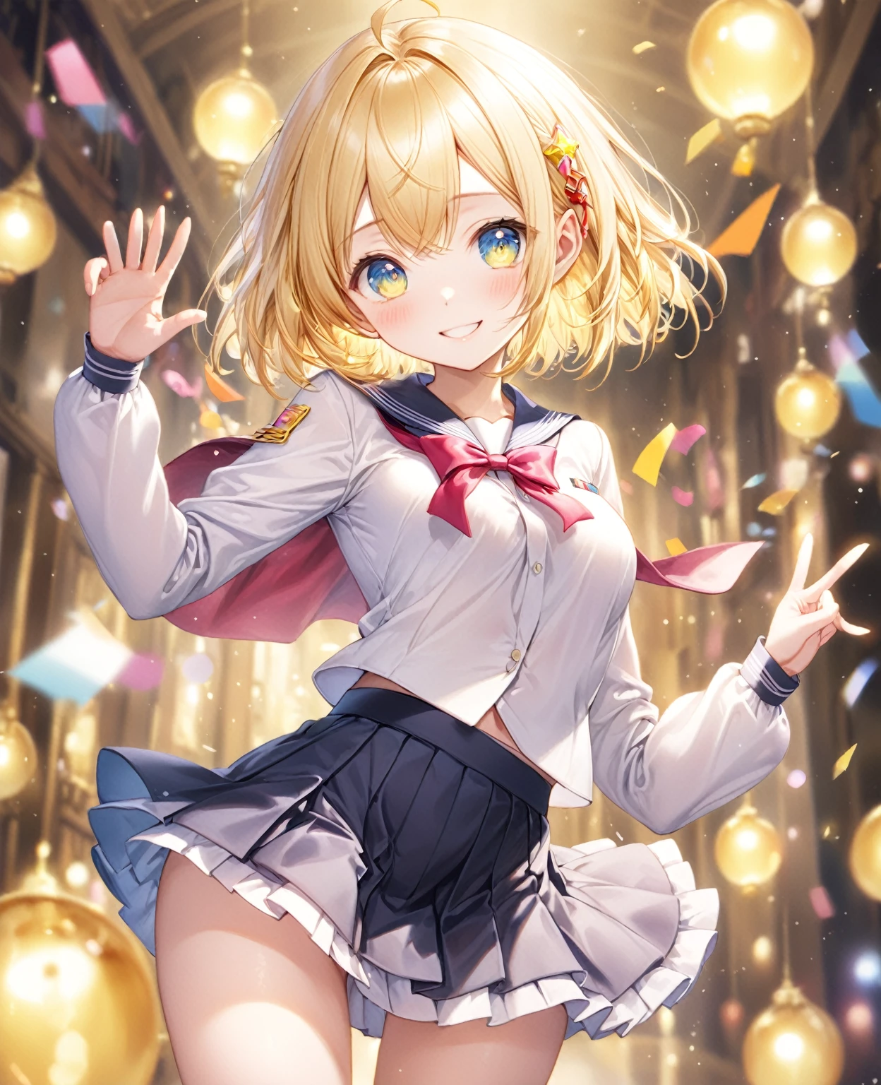 (Highest quality, 8k, 32K, masterpiece, Ultra-high resolution,:1.2),born, One girl,Super cute , Fantasy Background, Clear, shining eyes, 20-year-old ,Fair skin, Girl with golden hair, short hair, keep your spirits up, expensive, uniform, mini skirt,D cup breasts,学born服,An innocent smile,Nyan Nyan Pose,