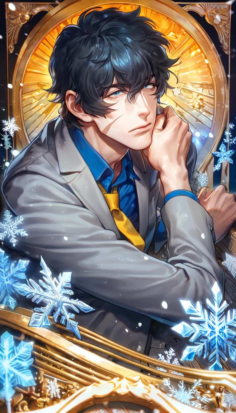 absurdres, highres, ultra detailed, HDR, master piece, Steven A. Starphase, black hair, expressive gray eyes, gray jacket, blue shirt, yellow necktie, scar on his right cheek, Kekkai Sensen, man, handsome, best quality, blue ice moon, ice flowers, fantasy, magical, solo, ice, blue shining fireflies, blue petals, sensual, snowflakes, winter