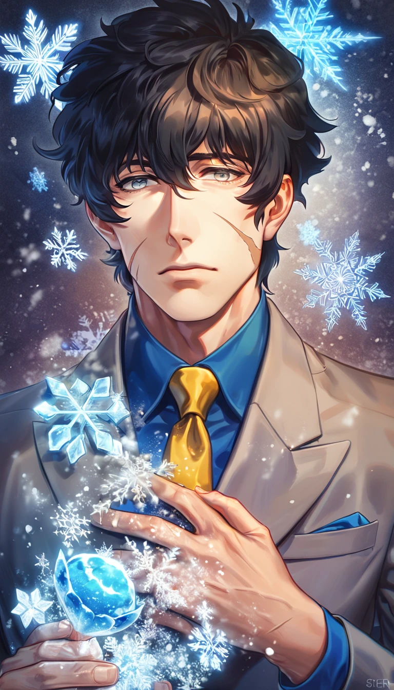 absurdres, highres, ultra detailed, HDR, master piece, Steven A. Starphase, black hair, expressive gray eyes, gray jacket, blue shirt, yellow necktie, scar on his right cheek, Kekkai Sensen, man, handsome, best quality, blue ice moon, ice flowers, fantasy, magical, solo, ice, blue shining fireflies, blue petals, sensual, snowflakes, winter