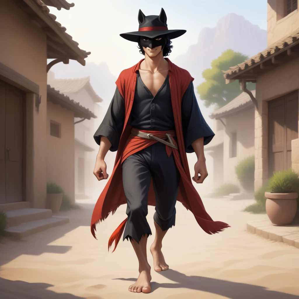 zorro, anthropomorphic, Whole body, barefoot, man, adolescent, student