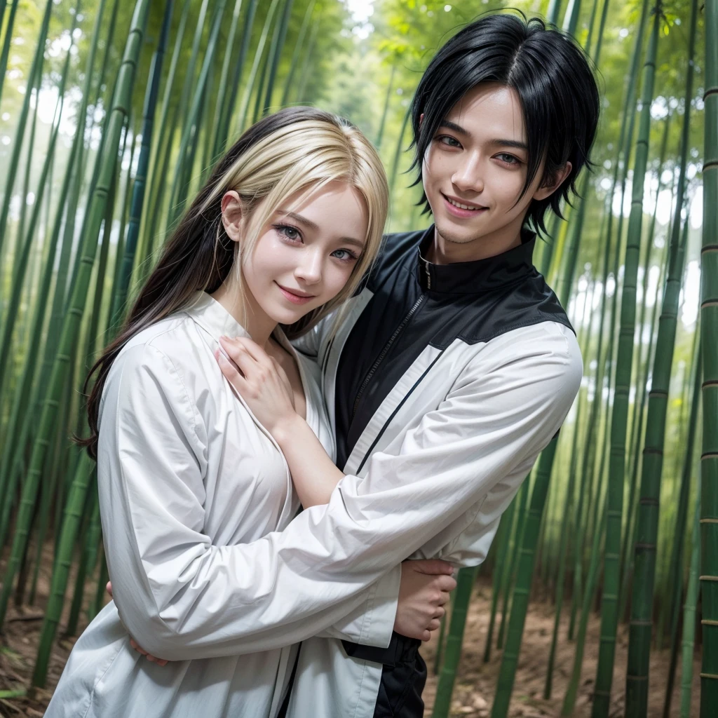man, expected black hair, anime style, smile, white skin, naruto style, bamboo forest background, Sasuke, black blouse, blue eyes