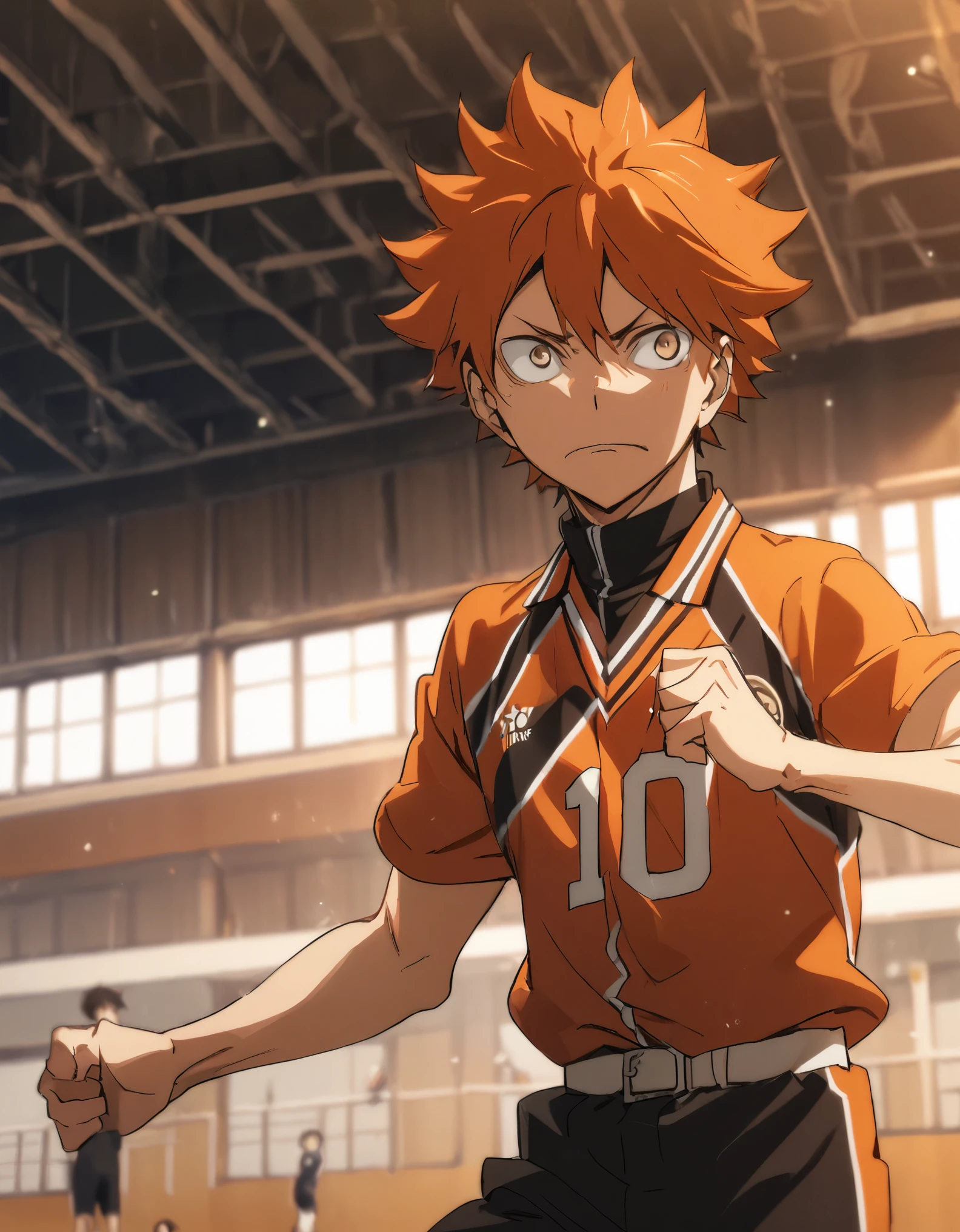 1boy, Shoyo Hinata, orange hair, short hair, uniform number 10, jumps high, gymnasium, bright, serious face, Angle from the side