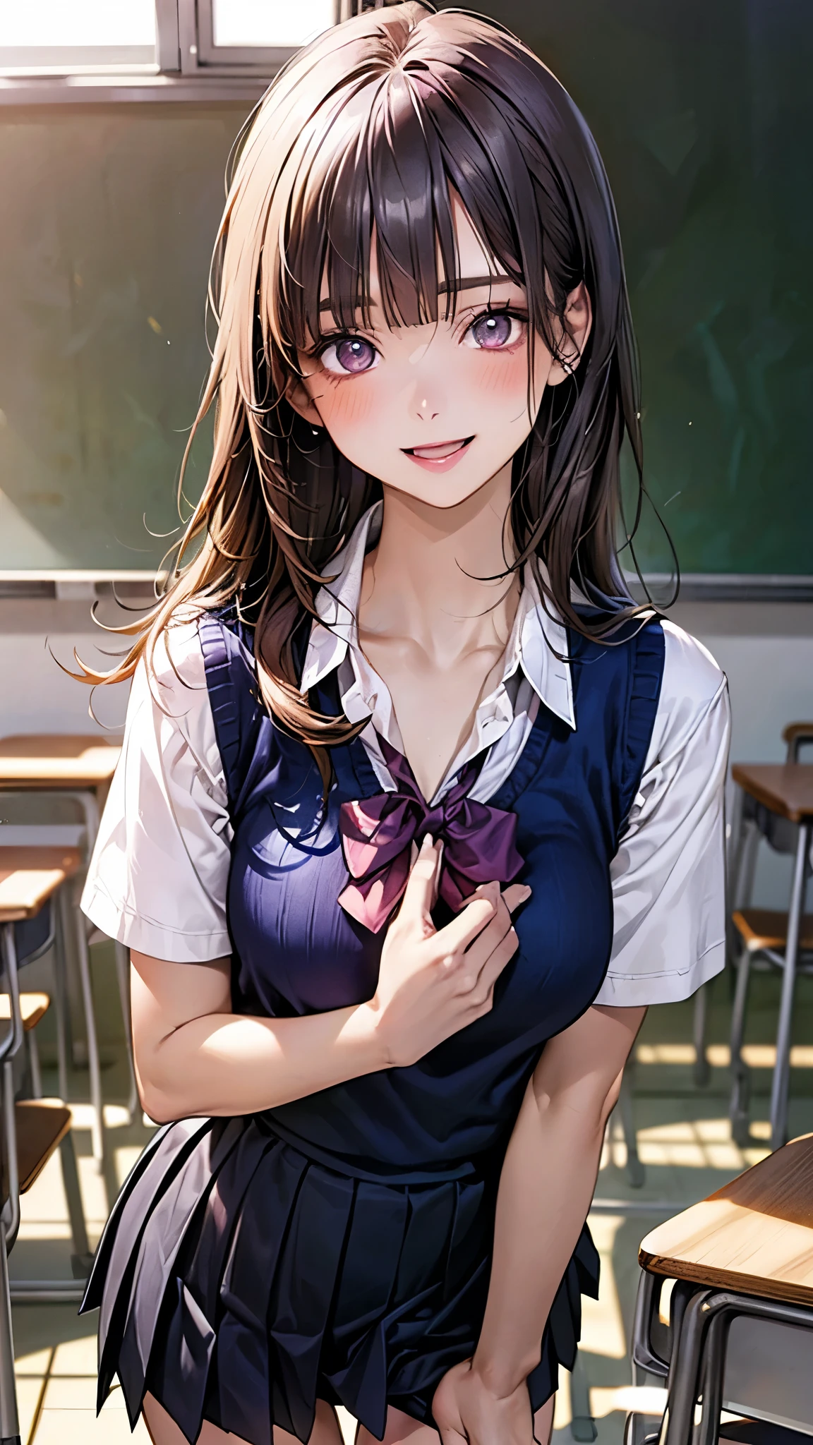 (masterpiece:1.2, top-quality), (realistic, photorealistic:1.4), beautiful illustration, (natural side lighting, movie lighting), depth of fields,
looking at viewer, upper body, face close-up, front view, 1 girl, , (perfect anatomy, anatomically correct, super detailed skin), cute and symmetrical face, perfect face, perfect eyes,
(long hair, straight hair:1.5, purple hair), blunt bangs, break brown eyes, big eyes, drooping eyes, long eye lasher, (medium breasts, seductive thighs), perfect body, shiny skin, pink skin,
beautiful detailed hair, beautiful detailed face, beautiful detailed eyes, beautiful clavicle, beautiful body, beautiful chest, beautiful thigh, beautiful legs, beautiful fingers,
(detailed cloth texture, break short sleeve white collared shirt, break (navy knit vest), break black pleated skirt, break dark green bow tie), break
(beautiful scenery), (school classroom:1.2), standing, (lovely smile, blush, open mouth),