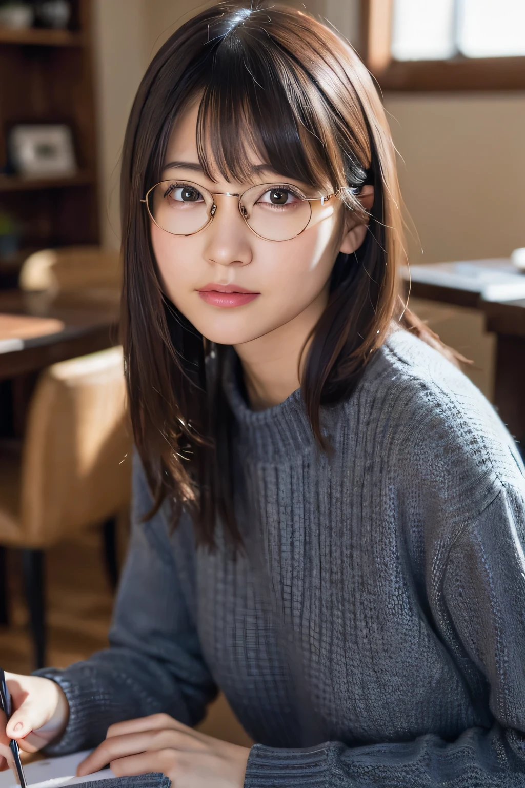 (8K、Raw photography、top-quality、​masterpiece:1.2)、(realisitic、Photorealsitic:1.37)、超A high resolution、1 girl、beautifull detailed face、
カフェテラス、Wearing glasses、Dynamic Angles、Cool knitwear、Medium hair with half up、Brown Hair、22 years old、本を読んでいる