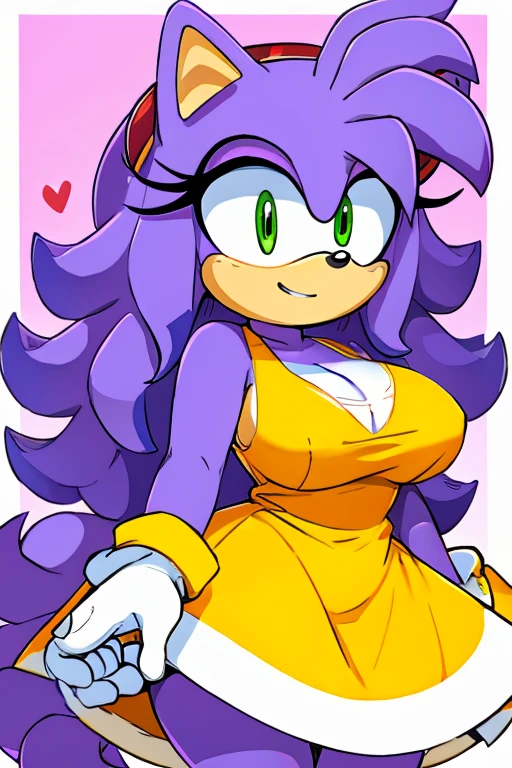 Sonic the hedgehog, girl, light purple fur, green eyes, curly  quils, curvy body, big chest, wearing a yellow dress.