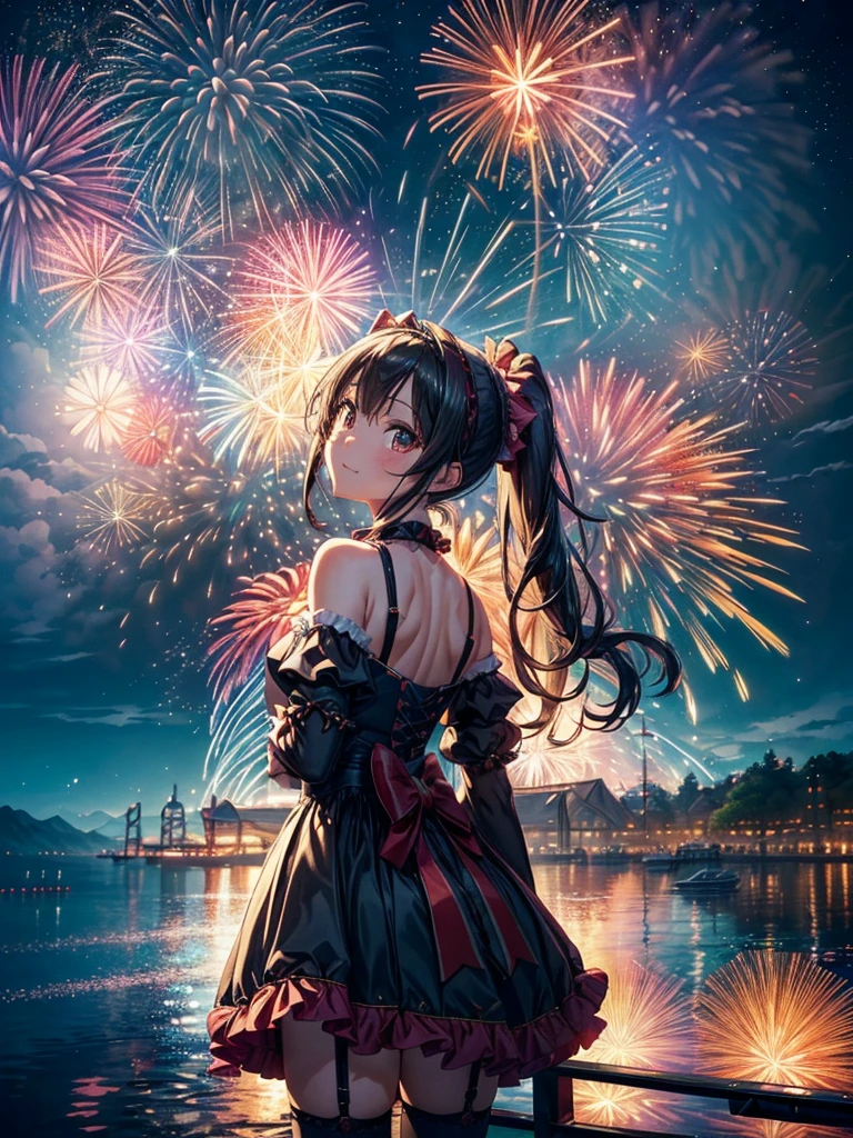 [masterpiece], [Highest quality], Very detailed, Absurd, Panorama, Abstract background, girl, [student], キラキラShine瞳, Captivating smile, Long Hair, (Twin Blade), Lolita Hairband, Sleeveless dress, Lolita Fashion, off_shoulder, uwabaki, foot_garter, (Fairy Wings), Put your arms behind your back, (Are standing), (avert your eyes), In summer, Ferris wheel, Summer festival, dream-like, Shineネオンライト, (Dynamic Angle, In detail, (bloom), (Shine), Shine星, ((((最も詳細なfirework)))), ((((Depth of written boundary)))), (((firework))),(((Backlight))),)