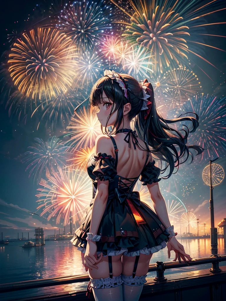 [masterpiece], [Highest quality], Very detailed, Absurd, Panorama, Abstract background, girl, [student], キラキラShine瞳, Captivating smile, Long Hair, (Twin Blade), Lolita Hairband, Sleeveless dress, Lolita Fashion, off_shoulder, uwabaki, foot_garter, (Fairy Wings), Put your arms behind your back, (Are standing), (avert your eyes), In summer, Ferris wheel, Summer festival, dream-like, Shineネオンライト, (Dynamic Angle, In detail, (bloom), (Shine), Shine星, ((((最も詳細なfirework)))), ((((Depth of written boundary)))), (((firework))),(((Backlight))),)
