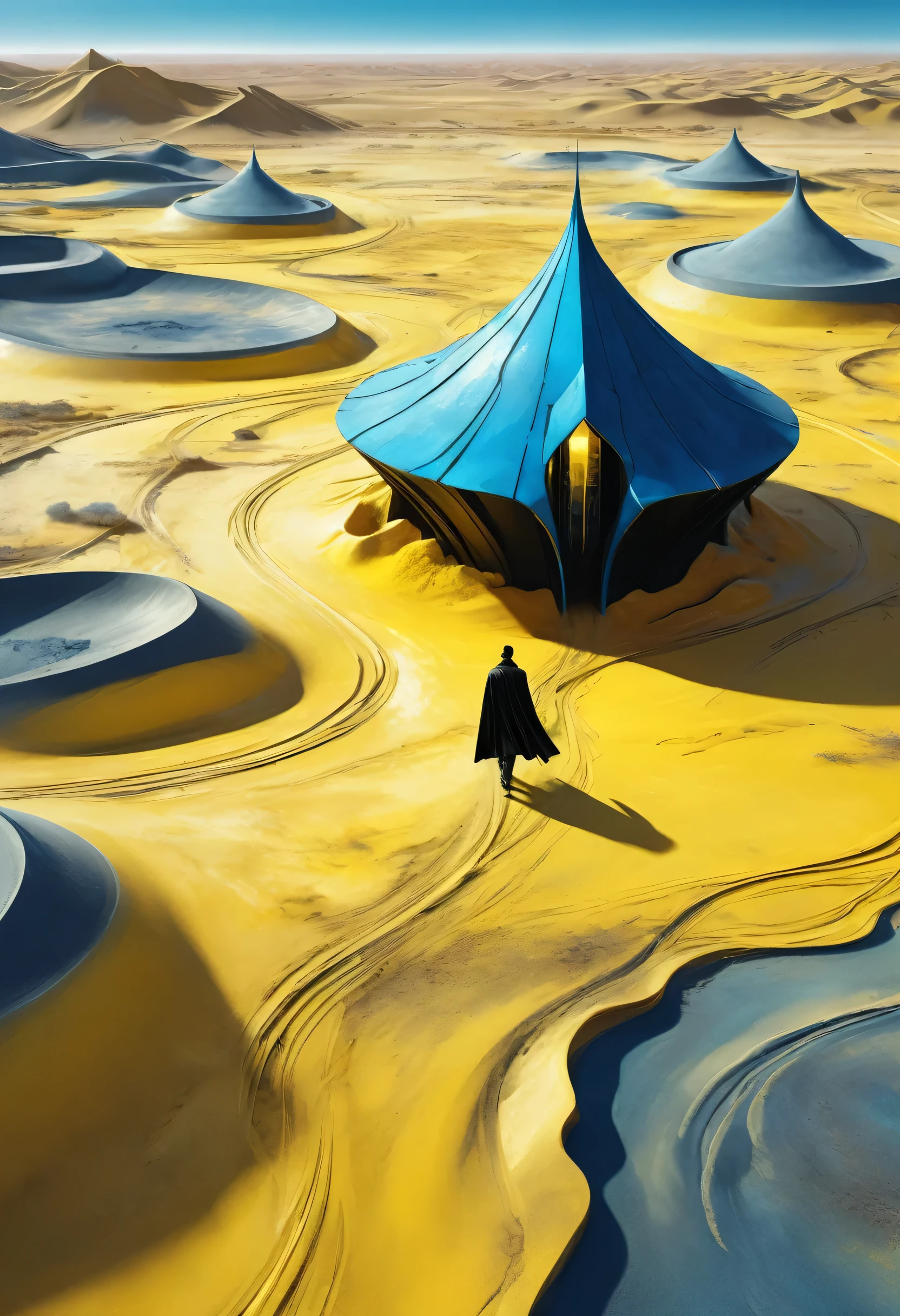 Man in black cape in yellow desert walking alone, mostly blue tones and small details in yellow, 4D high relief texture painting, construction, construction site, Building in the background, floor, 8k, 4D, futuristic, water tank in the background, ornate desert, aerial view, view from far away, photorealism, abstract impressionism