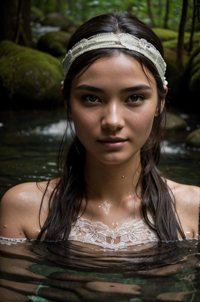 Best Quality, masterpiece, super high resolution, A super model submerged in hot springs in Japan., outdoor hot springs, stone hot springs, surrounded by moss and trees, super beautiful face, pure body, clear pores visible, (smile:0.8), using division (lace headband:1.2), (Realism:1.5), Photo original, soaked body, covered in sweat, bare shoulders, In the dark, deep shadows, low key, cold light