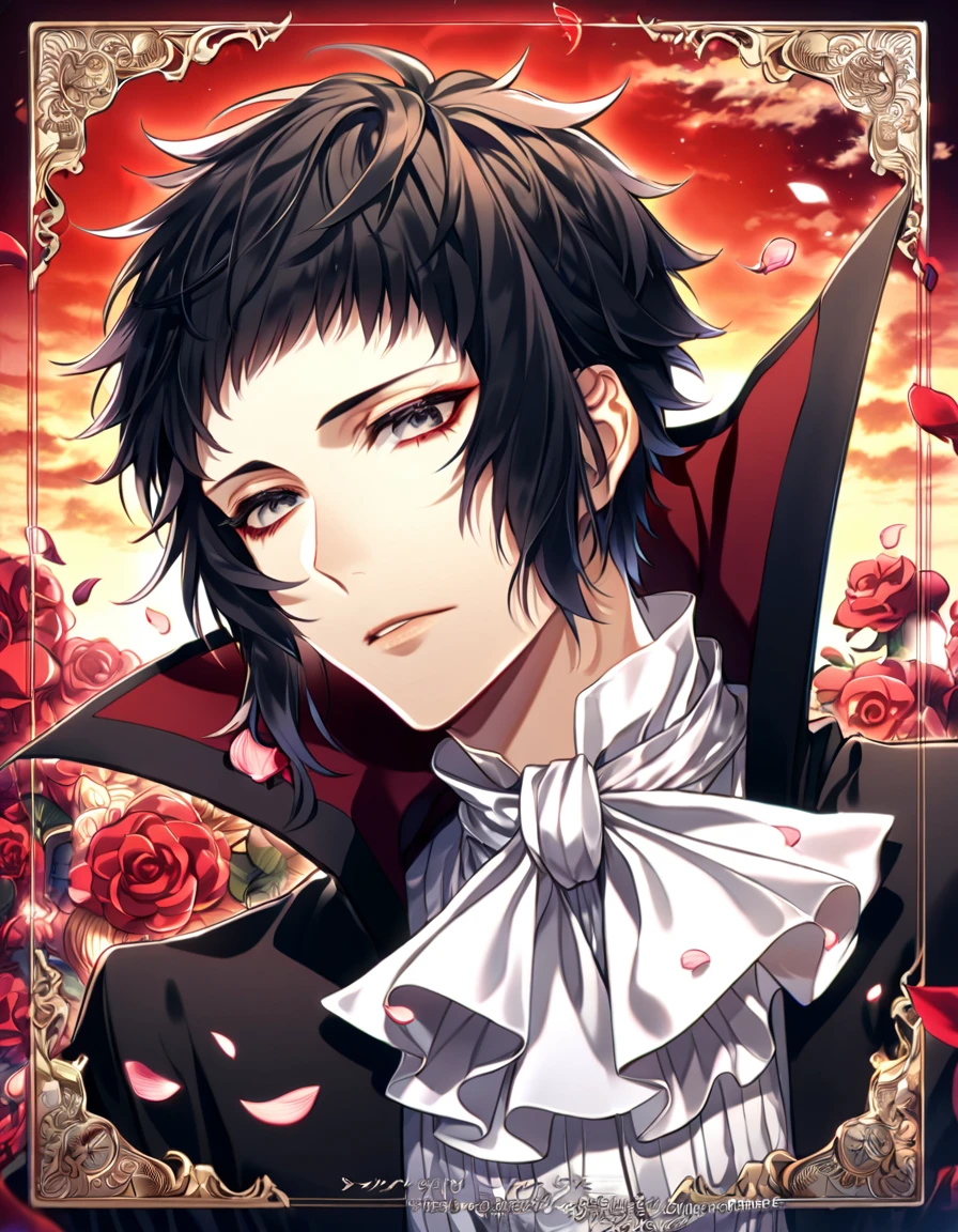 absurdres, highres, ultra detailed, HDR, master piece, best quality, extremely detailed, Akutagawa Ryuonosuke, black hair, short bangs, expressive gray eyes, Bungou Stray Dogs, solo, sexy man, handsome, black coat with high collar, white shirt, white cravat, cross, red butterflies, petals, magical, red roses, fantasy, rashoumon, red sky