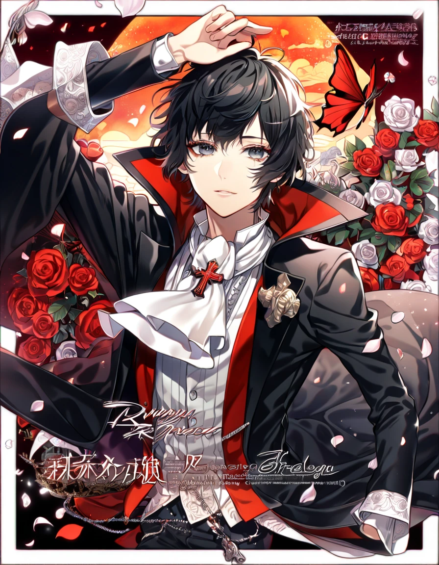 absurdres, highres, ultra detailed, HDR, master piece, best quality, extremely detailed, Akutagawa Ryuonosuke, black hair, short bangs, expressive gray eyes, Bungou Stray Dogs, solo, sexy man, handsome, black coat with high collar, white shirt, white cravat, cross, red butterflies, petals, magical, red roses, fantasy, rashoumon, red sky