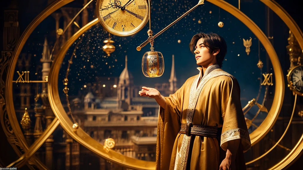 A in a wizard robe holds an ornate hourglass, its sands slowly trickling down. Behind him, a mirage of floating clocks and swirling Roman numerals fills the background, creating a magical and timeless atmosphere. The clocks vary in size and style, from grand, antique timepieces to pocket watches, all suspended in mid-air. The scene exudes an enchanting sense of wonder, with the young wizard appearing to command the flow of time itself.
