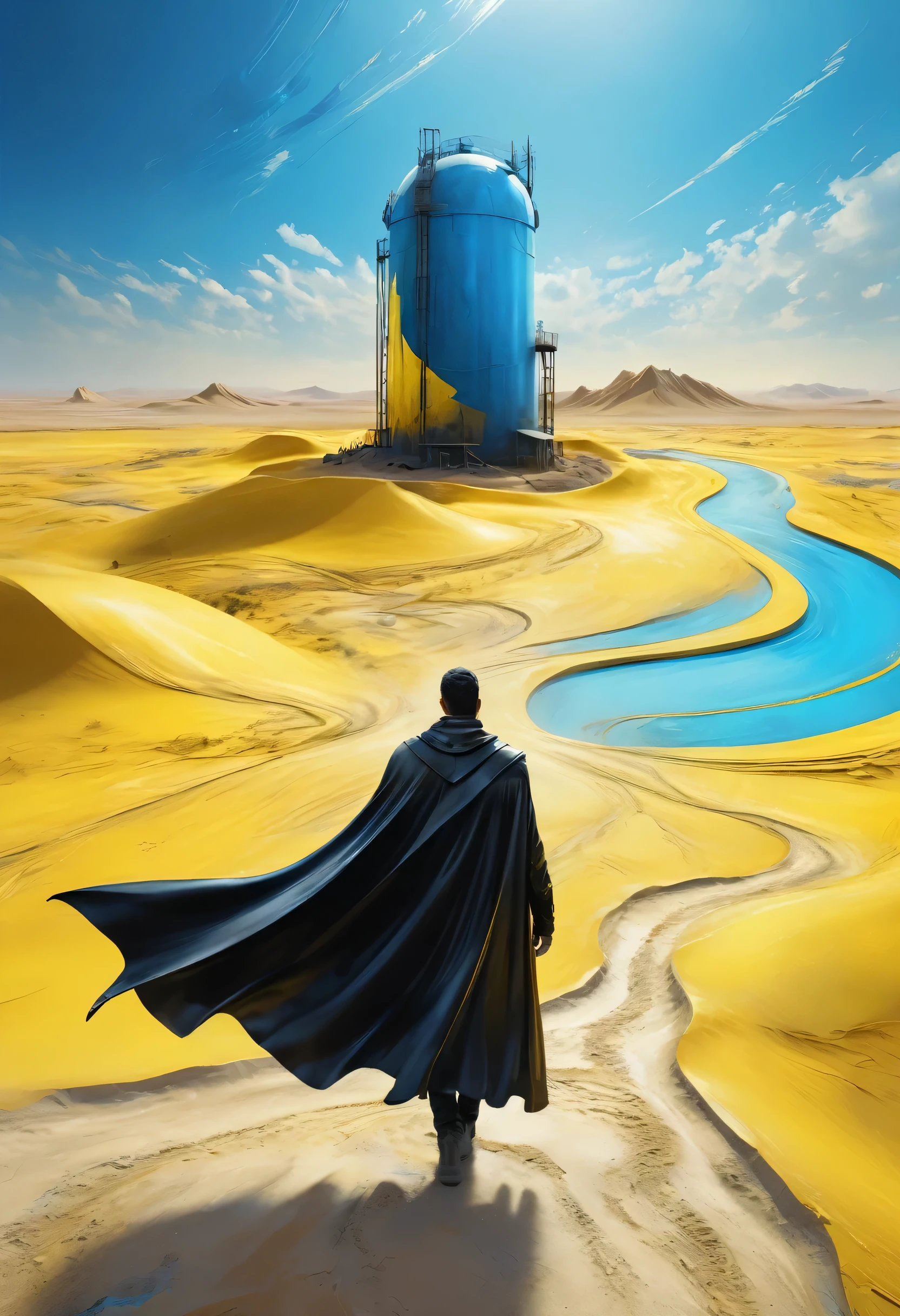 Man in black cape in yellow desert walking alone, mostly blue tones and small details in yellow, 4D high relief texture painting, construction, construction site, Building in the background, floor, 8k, 4D, futuristic, water tank in the background, ornate desert, aerial view, view from far away, photorealism, abstract impressionism