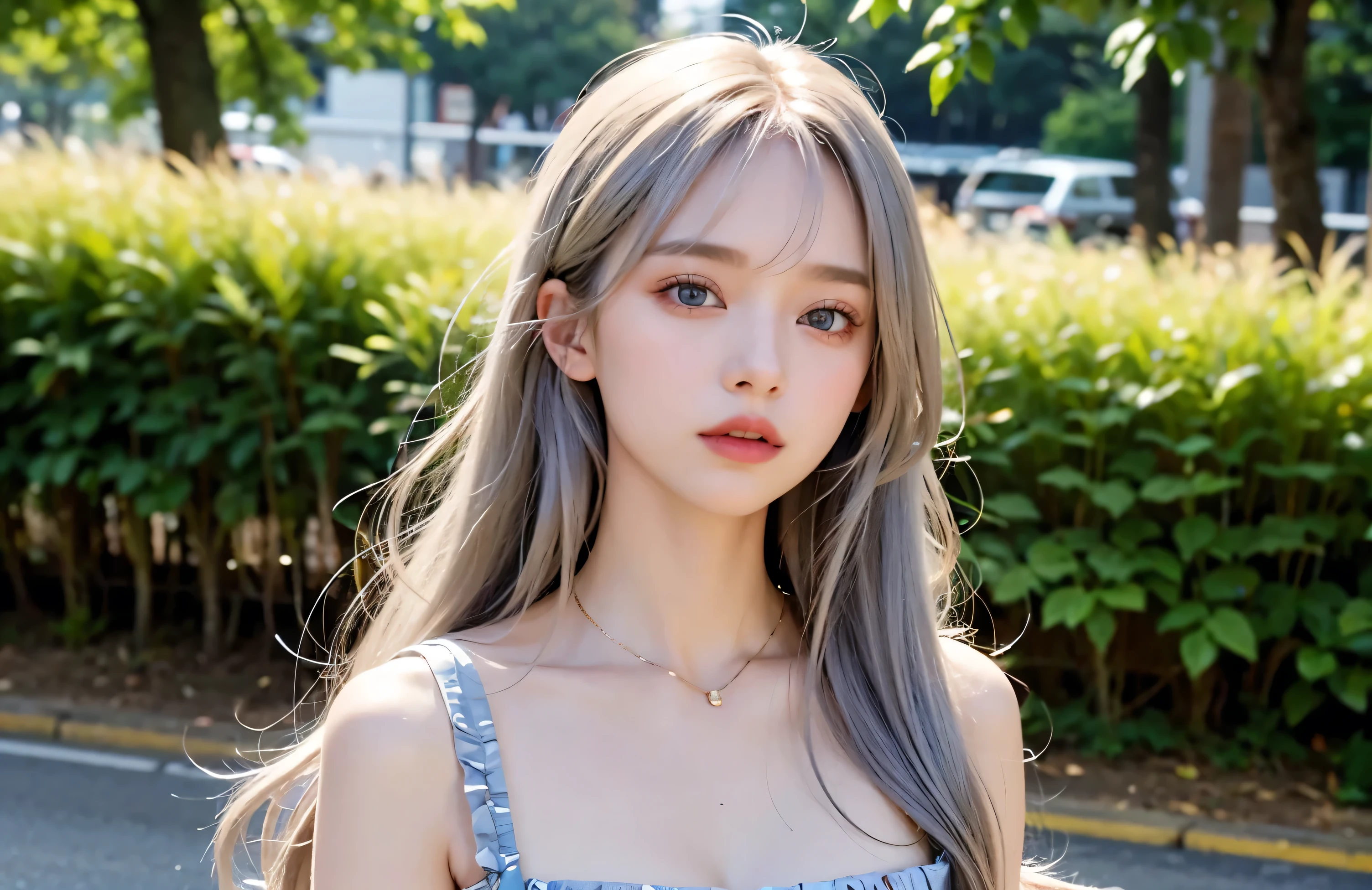 Her hair color is silver and gold、Long Hair, favorite , Beautiful, shining eyes, Stars in my eyes,Crystal clear eyes、Natural color lip、Street Snap、20-year-old、Natural color lip、8K、Highest quality、flat chest、blue eyes、tシャツにジーンズ、twilight