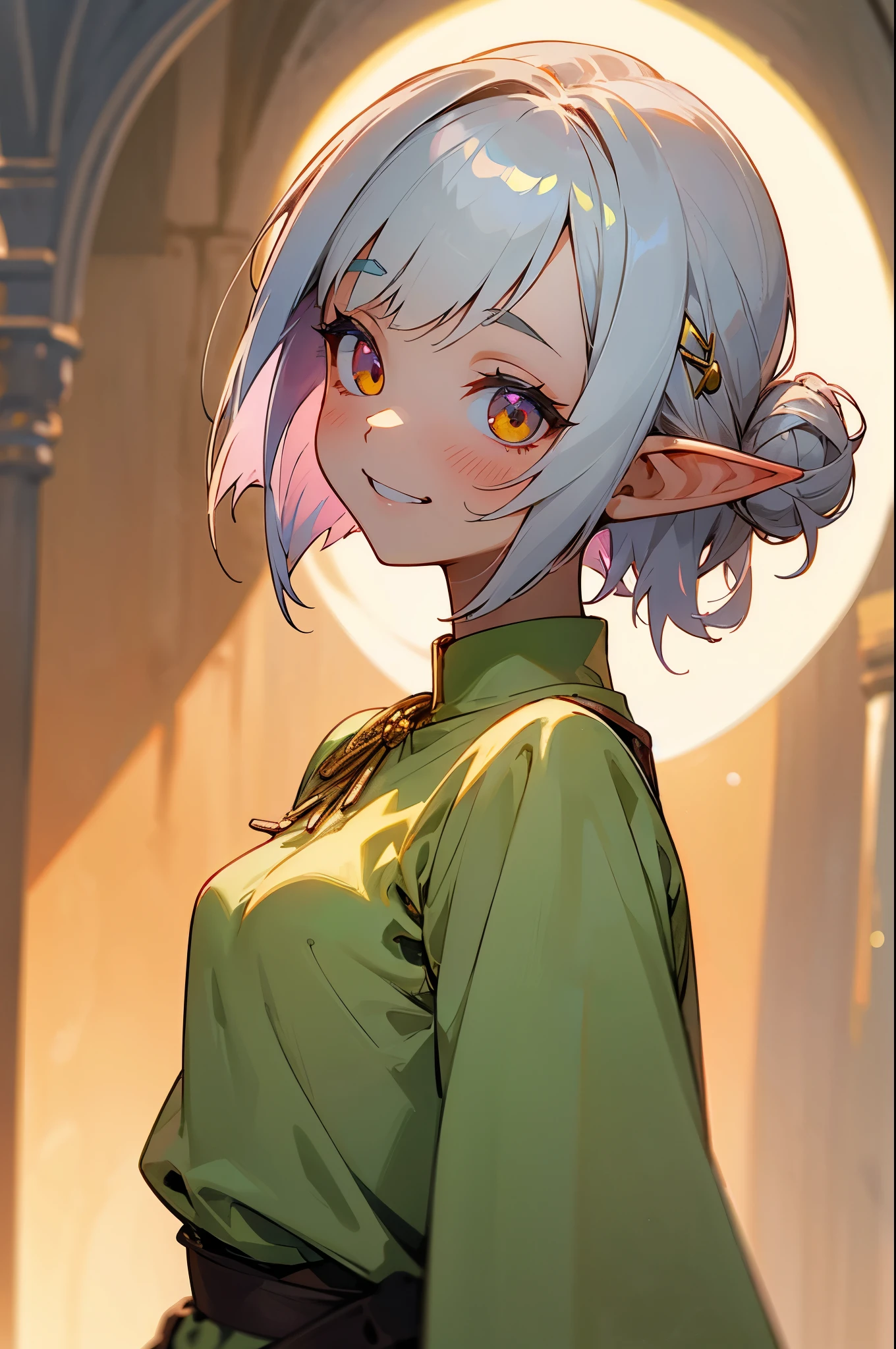 １girl、small breasts、angelic face, goblin, elf ears hair, Short hairstyles for silver hair and bob、Hair tied up in a bun with a hair clip、Shining pink round eyes, cute, yellow peasant tunic, Medieval, Medieval city background, bust portrait neck up, grin、From the side、painterly、sharp outline
