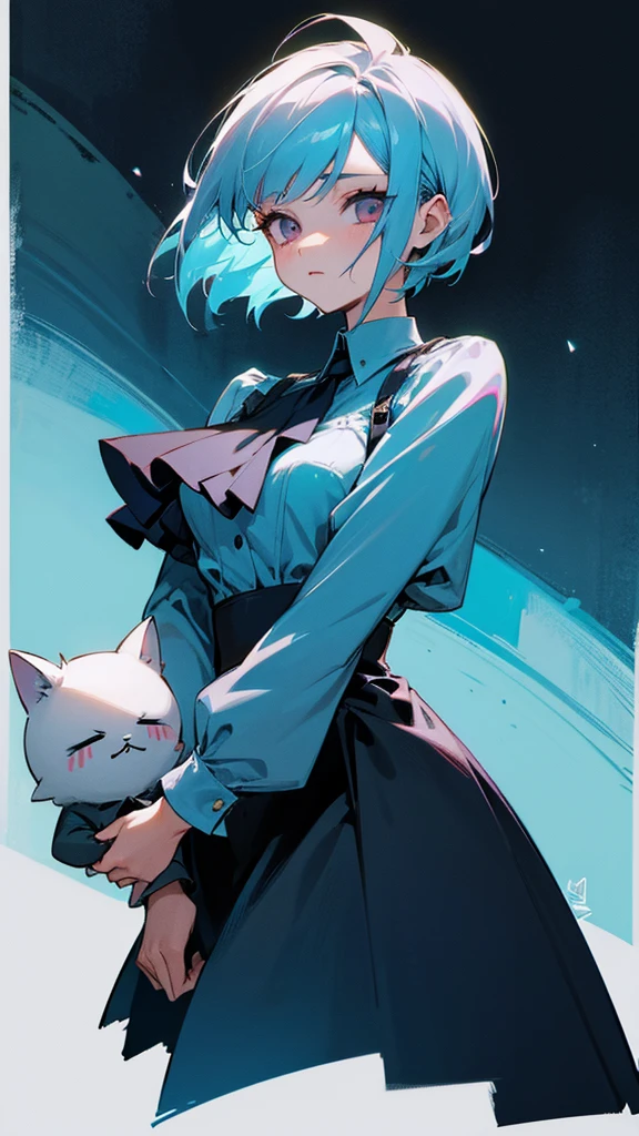 A  with dark eyes and hair,her hair was short and spiky,her blouse was light blue and had a cute design,his shrot was dark blue 