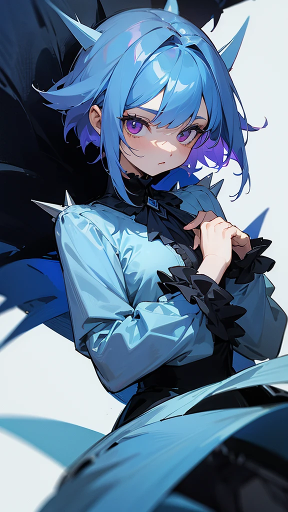 A with dark eyes and hair,her hair was short and spiky,her blouse was light blue and had a cute design,his shrot was dark blue