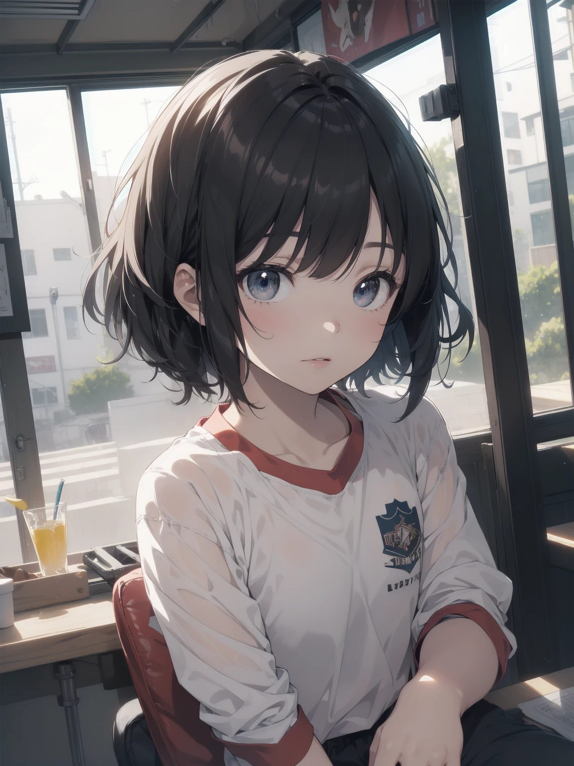 ultra-absurdres-Top quality by artist God, ultra-detailed, high resolution, anime moe artstyle, best anime 8k konachan wallpaper, pixiv contest winner, pool:2810, perfect ???????,break, 1girl, (Please draw a girl sitting sleepily on bed. )break,(Solo,little female, 13-year-old:1.3),Full limbs, complete fingers,a junior high school student, (very short hair), short cut, flat chest, , small butt, small black eyes, beautiful detailed eyes, well-proportioned iris and pupils, expressive eyes, highres detailed hair, soft expression, gym uniform, gym shorts, (Detailed Lighting), (Detailed background), in the school infirmary. break,super detailed skin, Best cinematic lighting powered by famous artist, 8k,beauty illustration,photoshop_(medium),very aesthetic,break,((artist:fujima_takuya )), artist:clamp ,artist:carnelian ,artist:kantoku ,