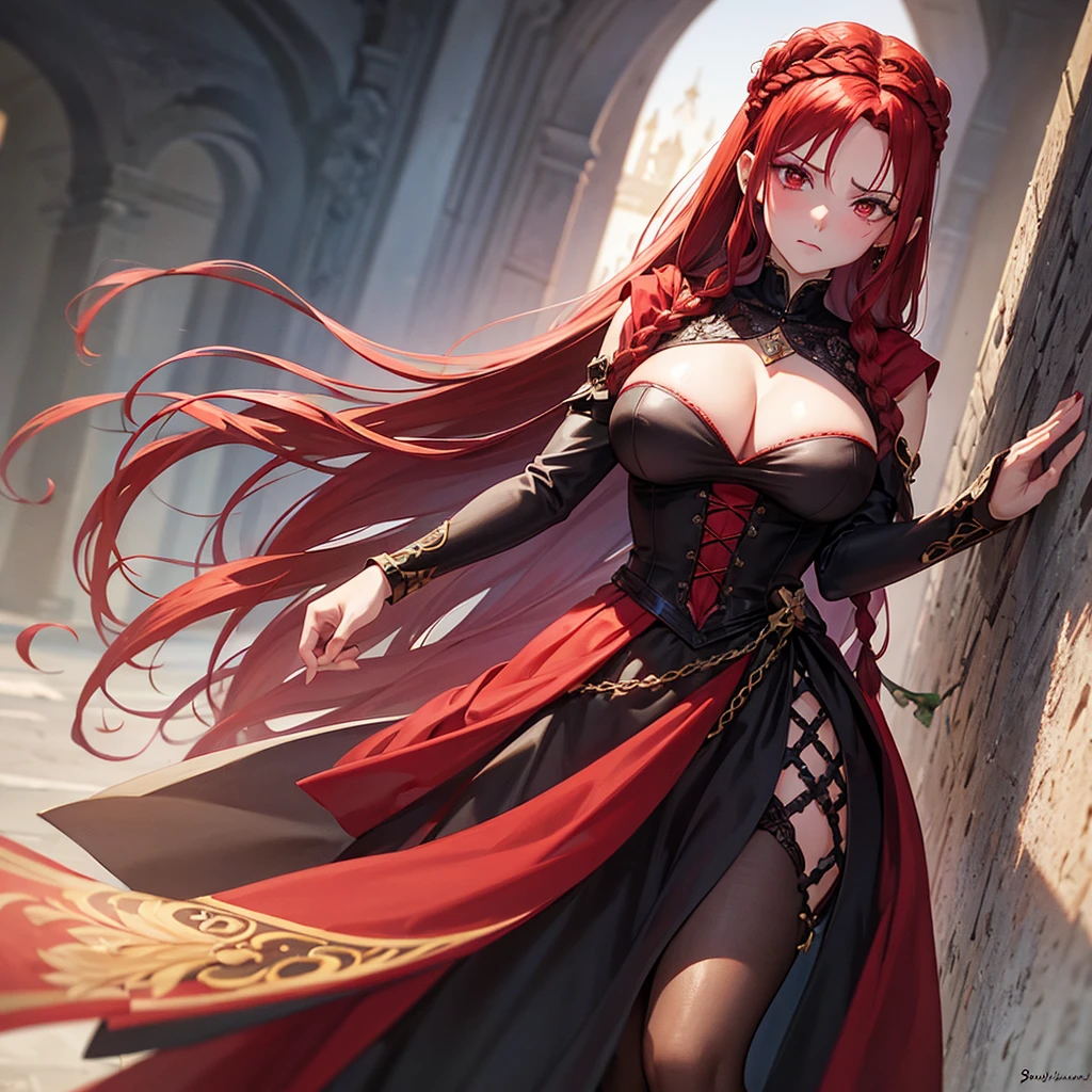 A woman with dark hair , use molento prento , with mocking eyes with a naughty look looking down comes out of a princess with red hair and braids from the land , with an angry look , with big breasts .Red eyes