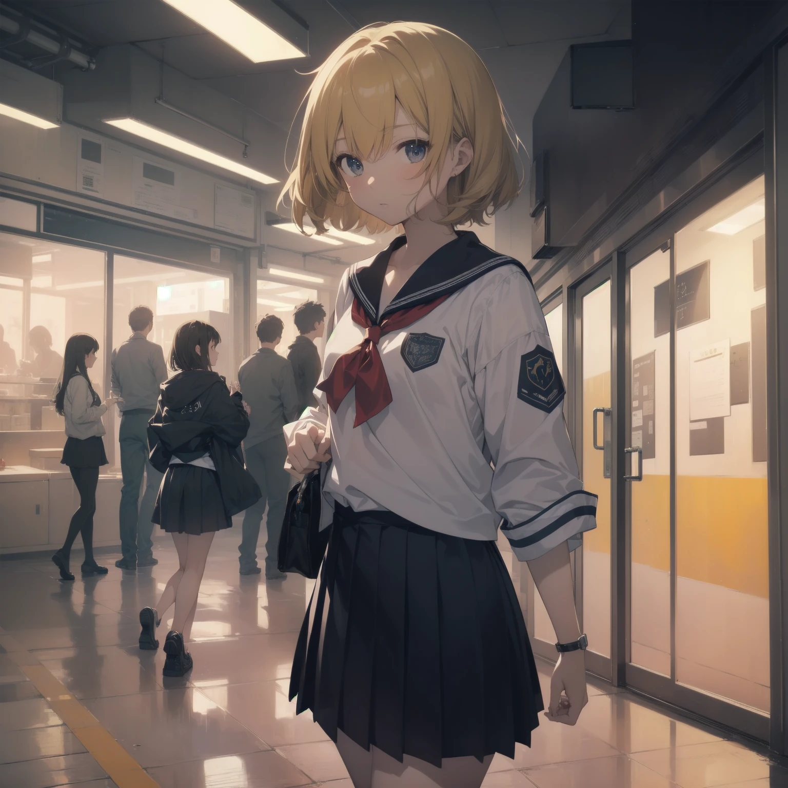 ultra-absurdres-Top quality by artist God, ultra-detailed, high resolution, anime moe artstyle, best anime 8k konachan wallpaper, pixiv contest winner, pool:2810, perfect anatomy,break, 1girl, (Please draw a girl walking sleepily to school alone. )break,(Solo,little female, 13-year-old:1.3),Full limbs, complete fingers,a junior high school student, (very short hair), short cut, flat chest, , small butt, small black eyes, beautiful detailed eyes, well-proportioned iris and pupils, expressive eyes, highres detailed hair, soft expression, salor school_uniform, sailor collar, serahuku, bow, pleated skirt,(Detailed Lighting), (Detailed background), in the School commute route. break,super detailed skin, Best cinematic lighting powered by famous artist, 8k,beauty illustration,photoshop_(medium),very aesthetic,break,((artist:fujima_takuya )), artist:clamp ,artist:carnelian ,artist:kantoku ,
