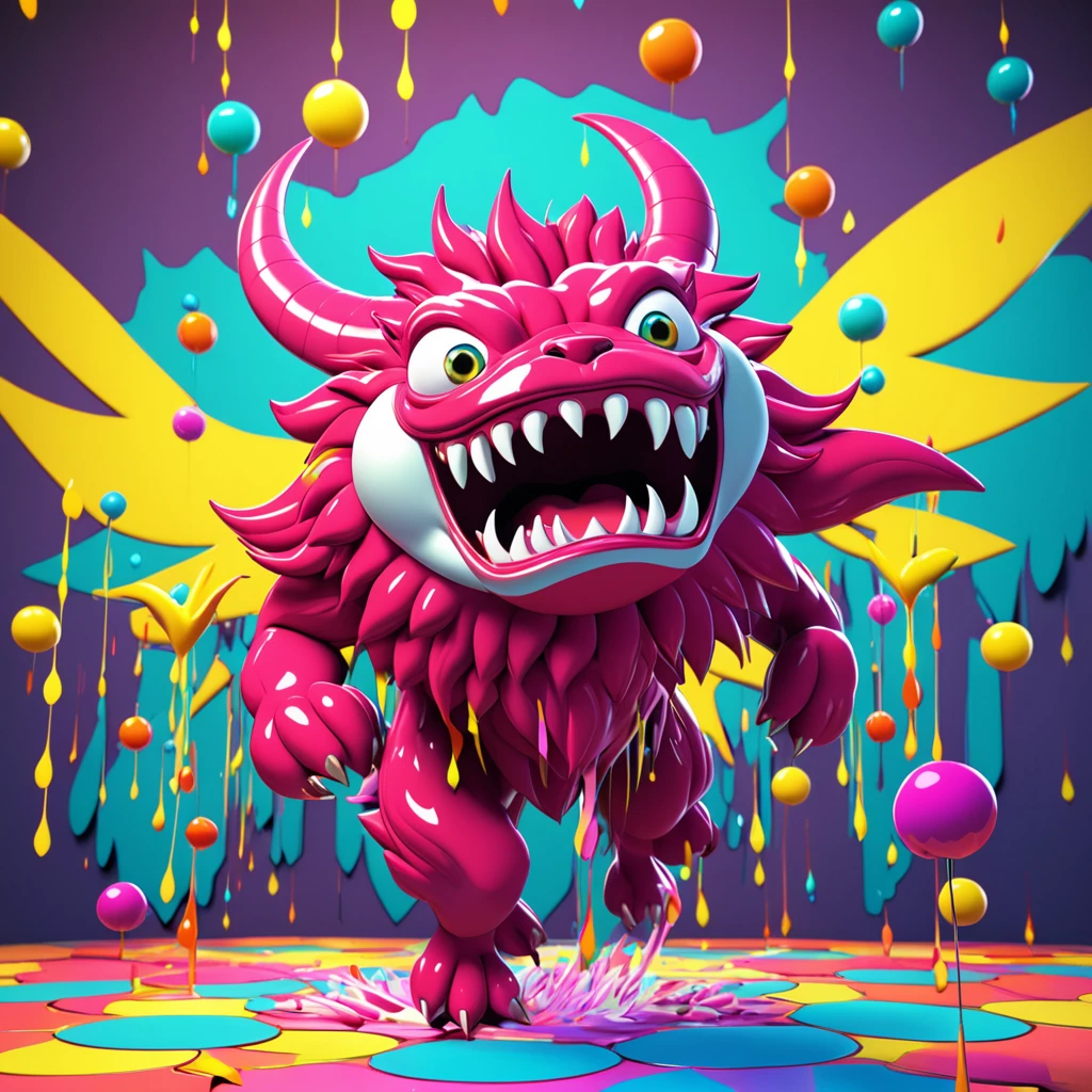 a cute but creepy looking beast, slow motion effect, cartoon-style, meme image, various effects, 3D, delicate and dynamic, conceptual installation pop art