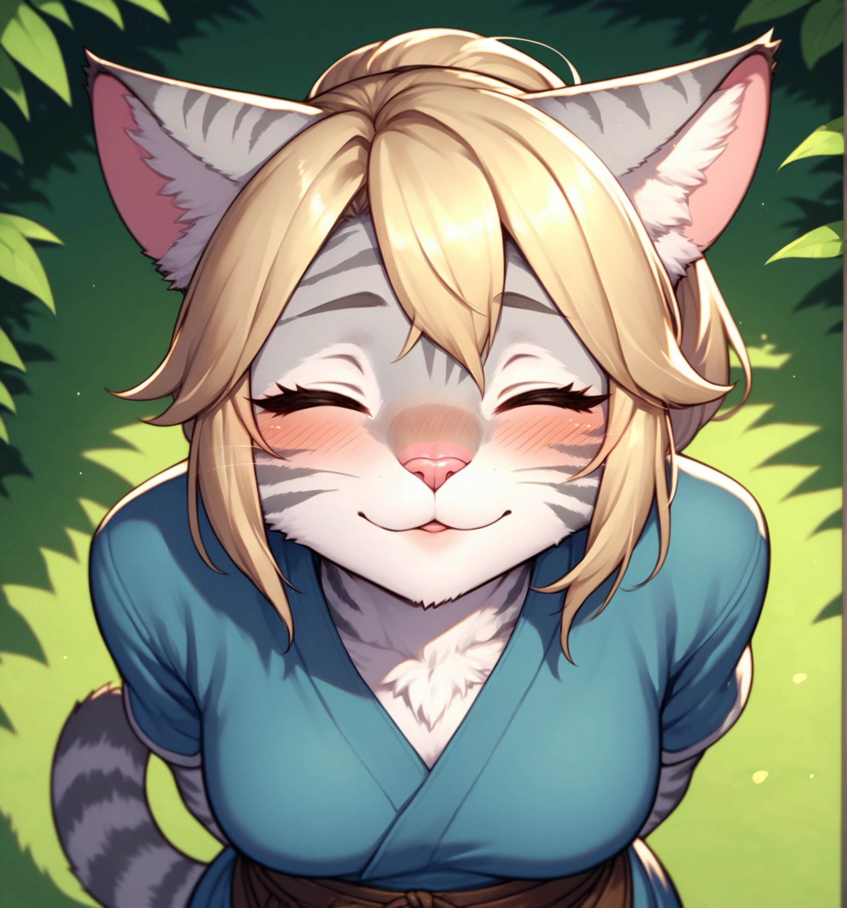 score_9,score_8_up,score_7_up, score_6_up, score_5_up,source_anime, kemono style, Kat,  Anthro furry feline, silver fur, grey stripes on body, blonde hair, pink nose, :3,  1girl,solo,  incom, imminent kiss, closed eyes, facing viewer, parted lips,from above, cowboy shot, blushing, head tilted up, about to kiss viewer, she is wearing a blue tunic, leather belts, hands behind her back, head facing viewer, head up, outdoors, close up, portrait, kissing face, kiss focus, 